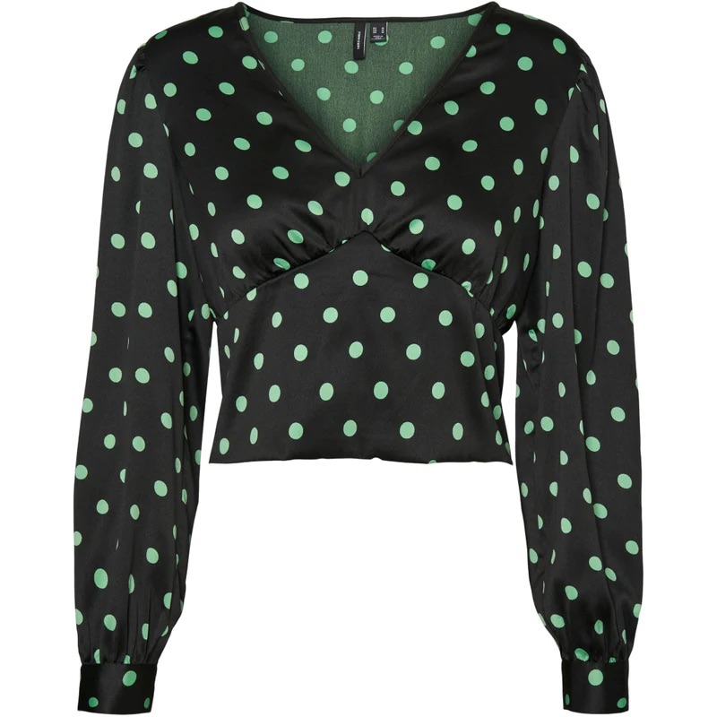 Vero Moda Black Long Sleeve Cropped Blouse, Green Polka Dots, Size Medium